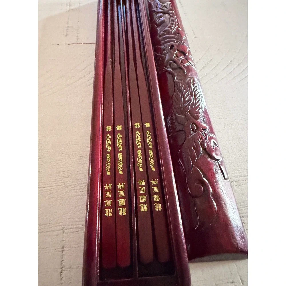 Vintage Carved Wood Dragon Chopstick Set with Matching Case Dark Red‎ Wood
